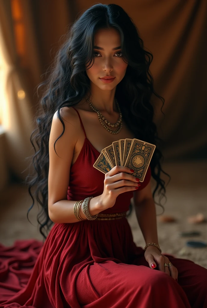 make a gypsy with cards in hand, she has long hair, blackw, brown eyes and red dress and she is beautiful