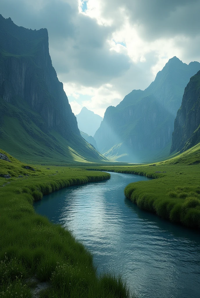 (photorealism:1.2), डार्क daylight रिवर ब्लू वाटर और ग्रेसी mountain 