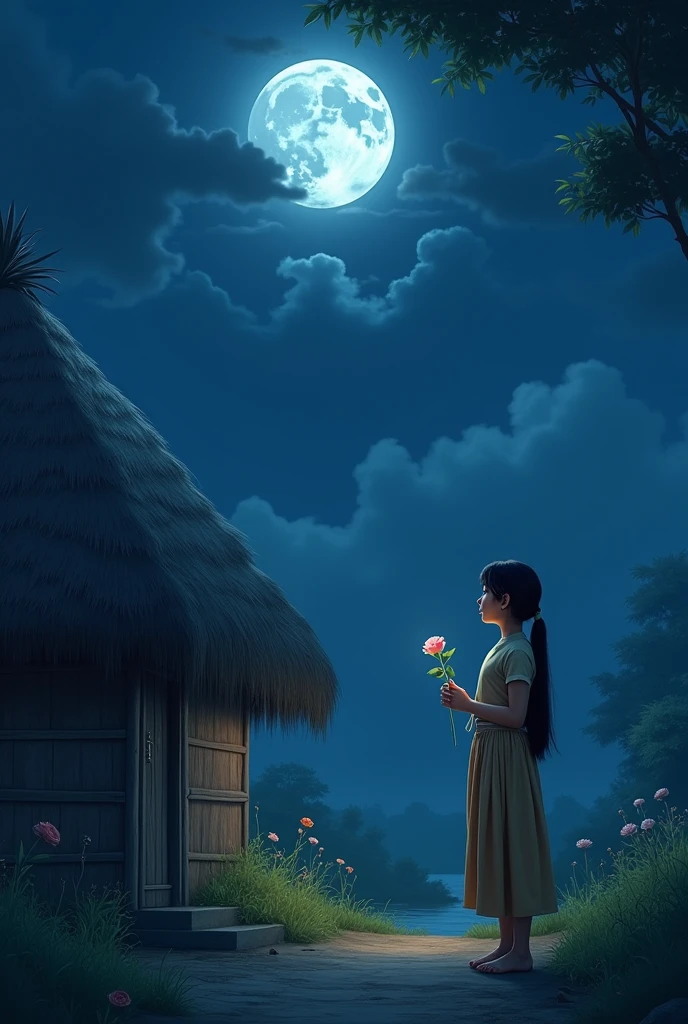 A young girl from Bangladesh is standing beside a traditional thatched house, holding a rose in her hand. It is nighttime, and she is gazing up at the moon. The scene is illuminated by the soft glow of moonlight, highlighting the serene rural landscape around her. She is wearing traditional Bangladeshi clothing, and the surrounding area is calm and peaceful, with the silhouette of the thatched house and the moon shining brightly in the dark sky.