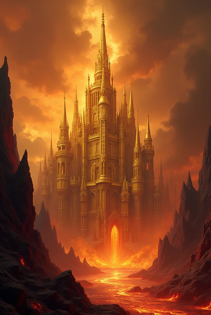 Create a beautiful, imposing golden castle in the middle of hell
