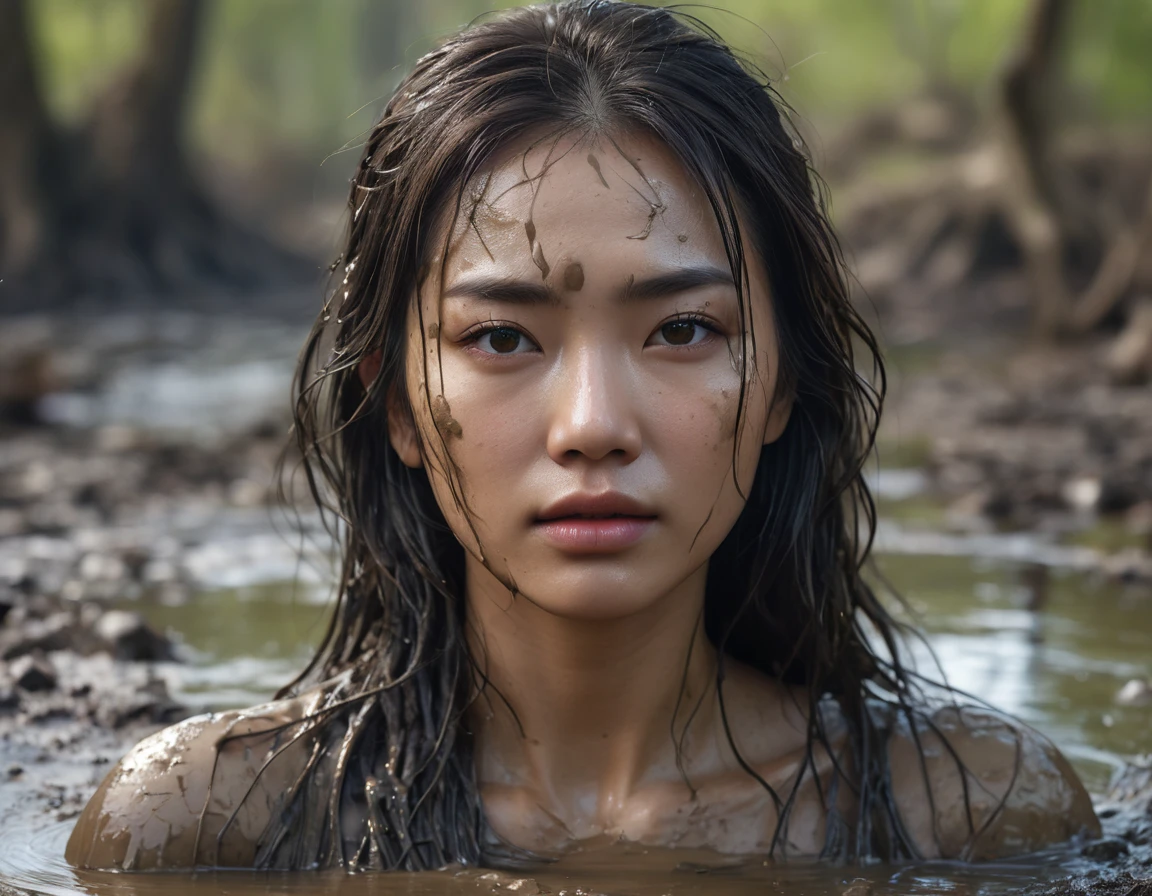 The messy head of a beautiful woman sinks in a muddy swamp, See from a distance:1.0, Asian facial features, facial expression, Get out of hand, (best quality,4K,8k,High resolution,masterpiece:1.2),Super detailed,(actual,photoactual,photo-actual:1.37),high dynamic range,Ultra high quality,Studio lighting,Ultra-fine coating,sharp focus,Physically based rendering,extremely detailed description,professional,bright colors,Bokeh,Dark Fantasy,dramatic lighting,cinematic