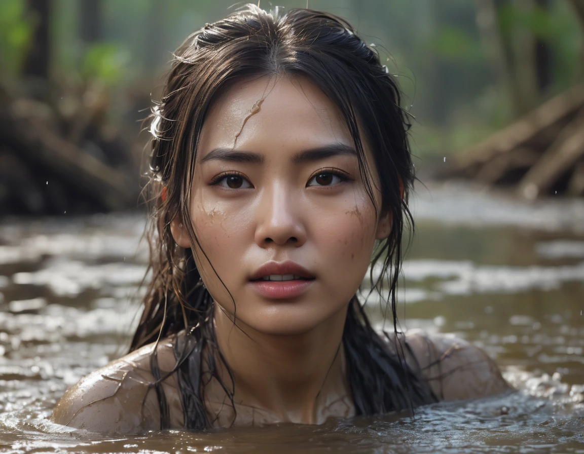 The messy head of a beautiful woman sinks in a muddy swamp, See from a distance:1.0, Asian facial features, facial expression, Get out of hand, (best quality,4K,8k,High resolution,masterpiece:1.2),Super detailed,(actual,photoactual,photo-actual:1.37),high dynamic range,Ultra high quality,Studio lighting,Ultra-fine coating,sharp focus,Physically based rendering,extremely detailed description,professional,bright colors,Bokeh,Dark Fantasy,dramatic lighting,cinematic