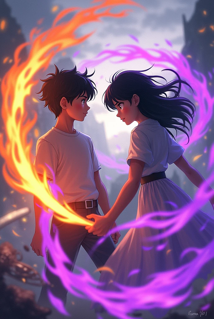 Make the boy use wind powers and the girl fire powers they fight boys wind blade is orange and the girls fire whirwind purple theyre favorite colors and they have black hair make the orange slight light orange look like its wind