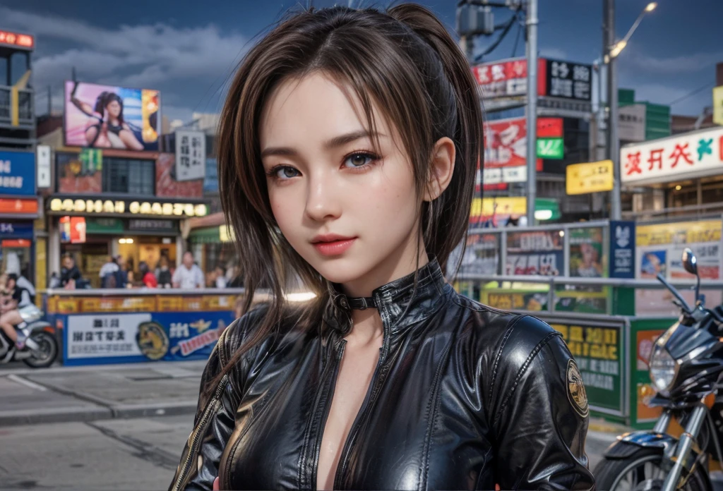 Mai Shiranui, (best qualityer,ultra details),(realisitic:1.37), beautiful and detailed face, ultra-realisitic texture, Exquisite face, athletic body, bright coloured. High definition, 8k, wearing red lipstick, rosy cheeks. cute smilling