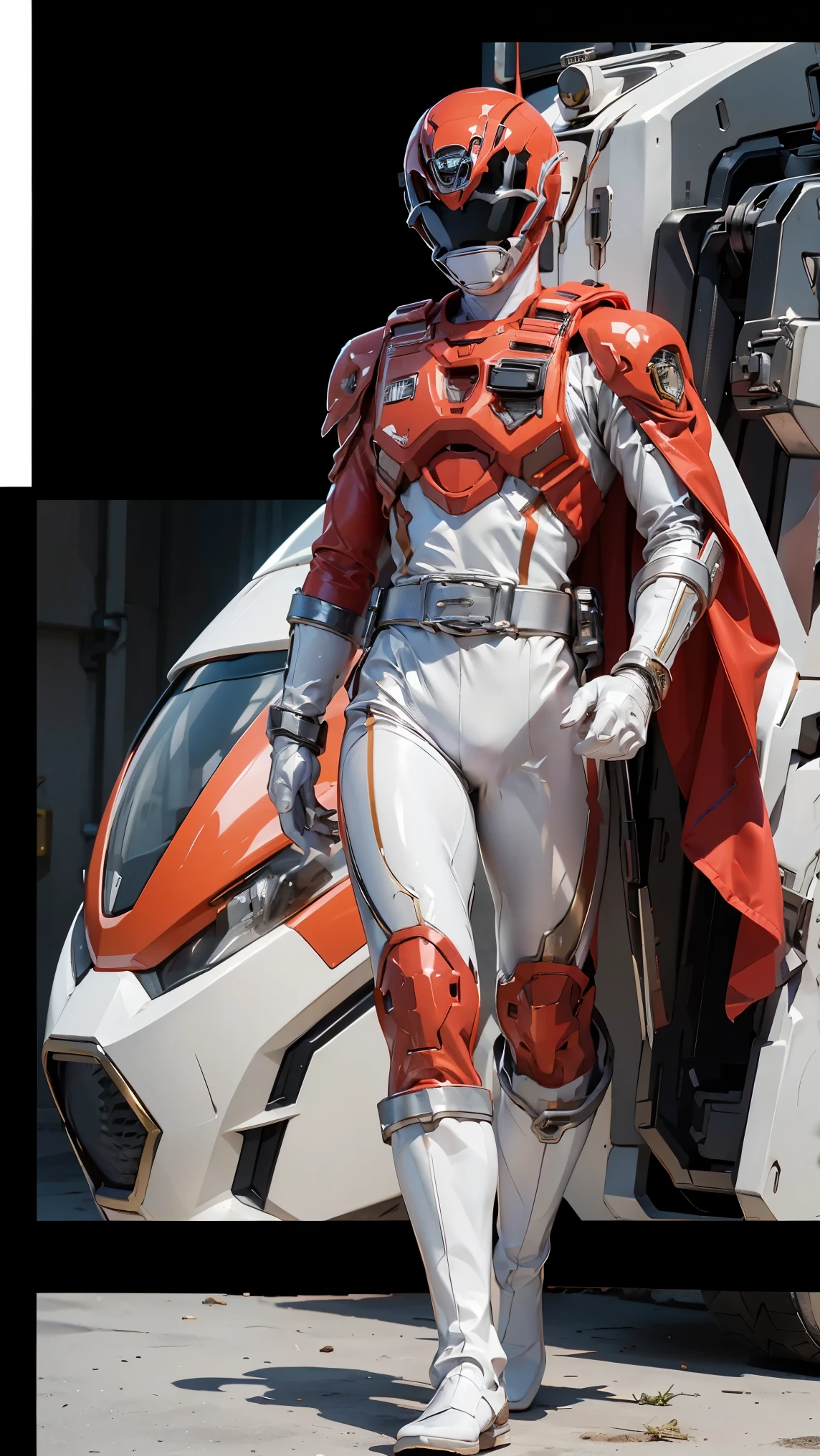 1boy, full body, Illustration, cinematic light, high resolution, best quality, ultra detailed, masterpiece, power suit, powerranger, suit, spd, (Silver and Gold chestplate), red and gold detail, (((white suit))),