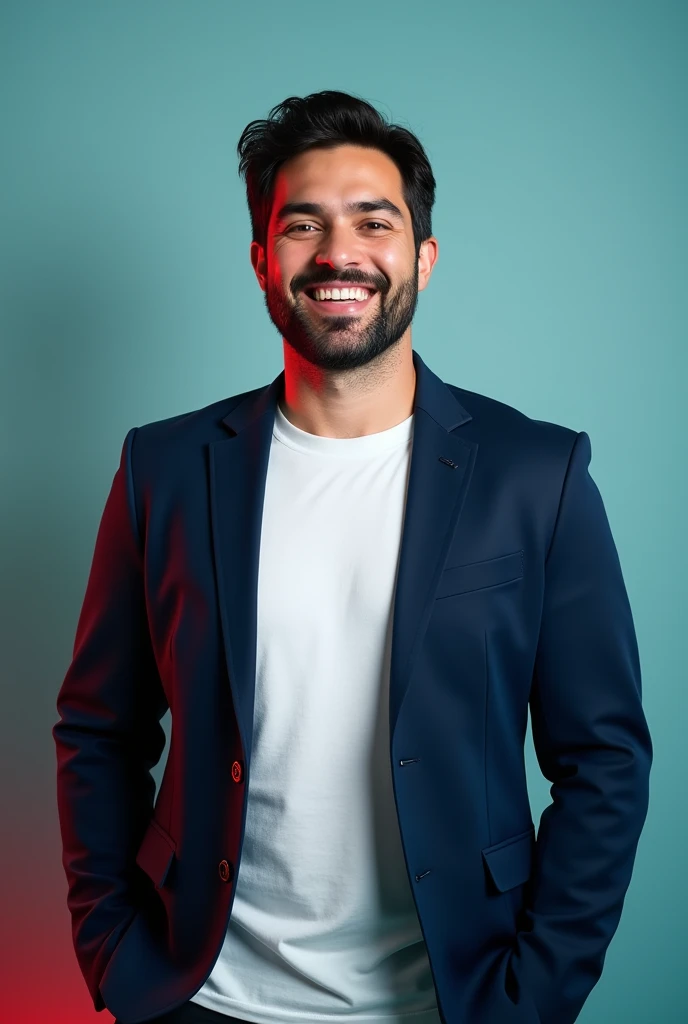 A man body weight 82 kg with dark hair and a confident smile. Litte beard, He is dressed in a nevy blue blazer over a white T-shirt. The man is positioned against aqua colour backdrop with a subtle red lighting on the left side. And he posing linkedin profile