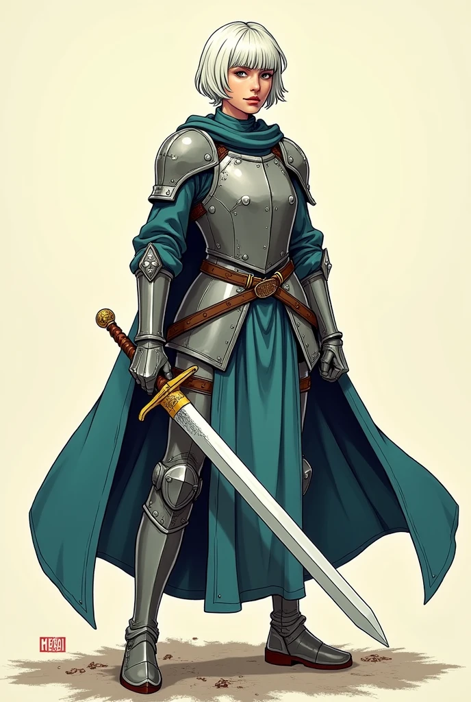 traditional comic art. d&d, clergywoman, White hair, shorth hair, armour, short sword, traditional comic art. no back ground