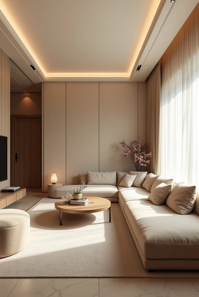 Luxurious living room apartment in beige color, very large corner sofa, poufs, a large TV cabinet and a coffee table 