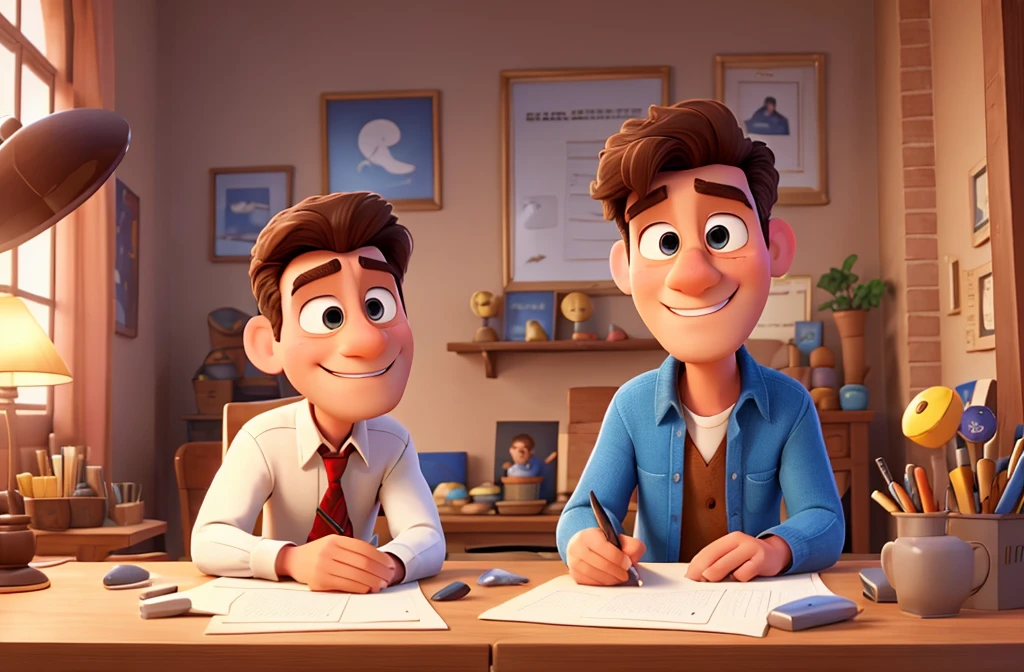 the same man in the photo but signing a document, disney pixar style, best qualityer