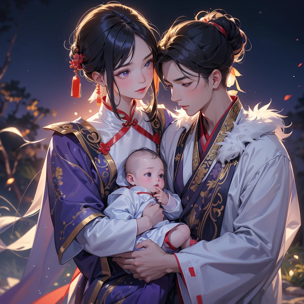 A one-year-old baby boy in an ancient Chinese baby costume with his beautiful mother, dressed in an white ancient Chinese costume, playing with each other, with his handsome father standing next to his mother, close up.
Background is a dark moonless night, with dry trees in the background, and purple glowing light