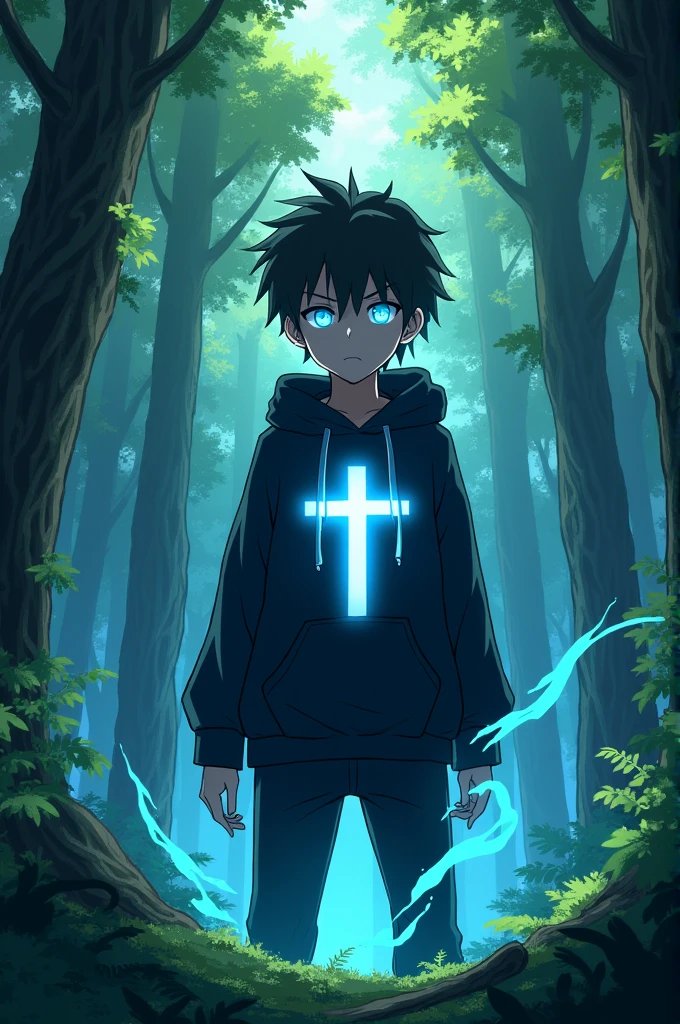 Anime boy wears a black hoodie with a light blue glowing cross on it and with light blue glowing eyes standing middle of a forest while fighting demons.