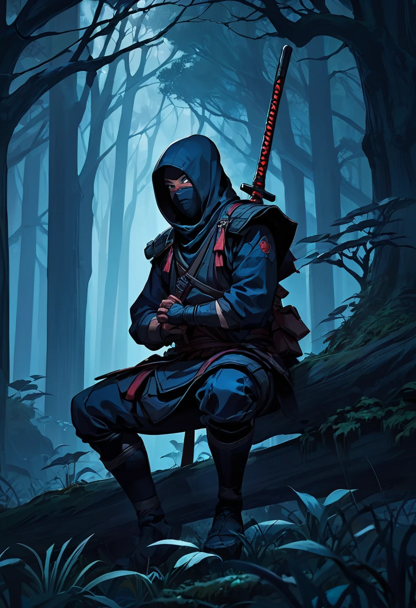  shinobi waiting on a tree branch in a drak forest at night