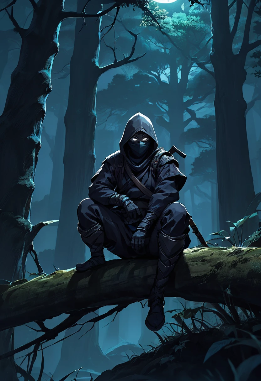  shinobi waiting on a tree branch in a drak forest at night