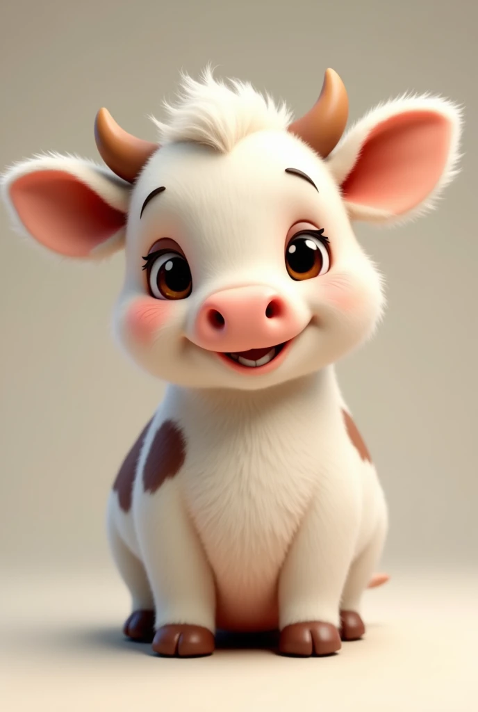 Realistic cute baby cow in cartoon style with big eyes aiming face but with realistic fur
