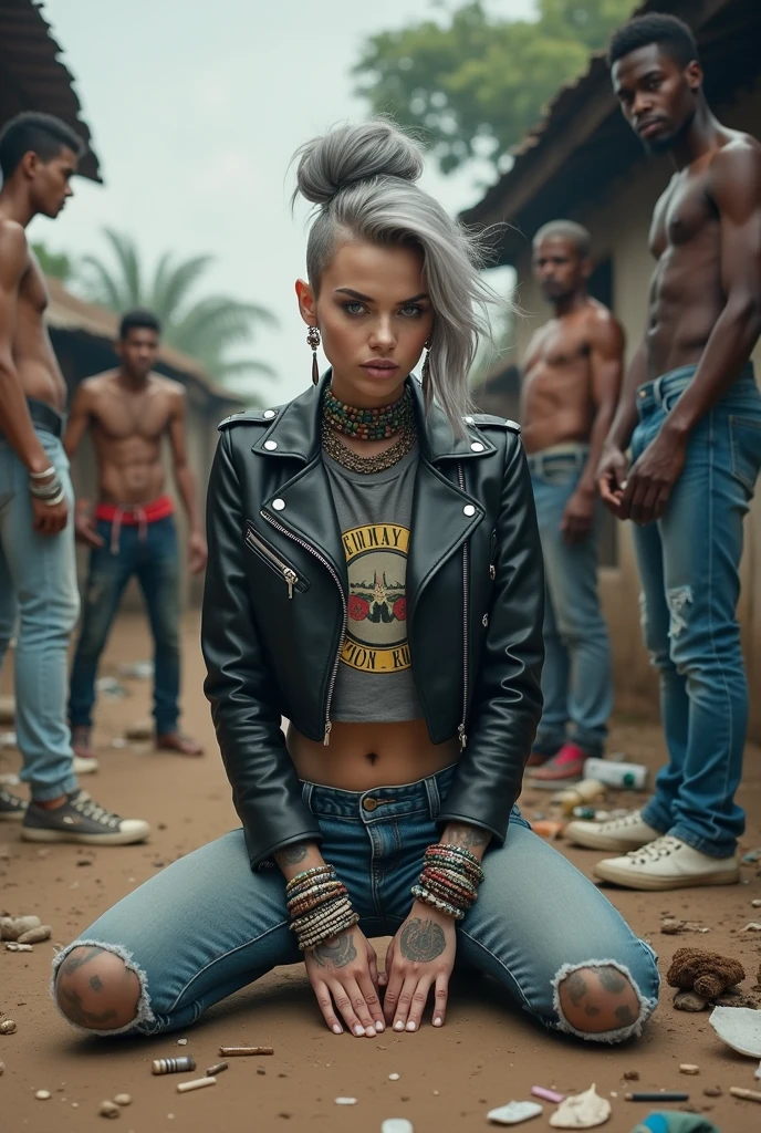 russian milf woman, grey hair (pouf, and top bun and shaved sides) and oversized square maxi sunglasses as bandana, with very light blue eyes, extremely pale. Wearing aged black cropped moto jacket, padded shoulders, with lots of zippers and pins; aged dark grey cropped t-shirt with guns and roses logo , skinny blue jeans with holes in knees and dirty white tennis sneakers. Dirty knees and dusty hands. Lots of metallic bracelets, lots of boho pendants and lots of colourful beads collars. Tacky wide studded leather belt with oversized skull and bones buckle. Long bohemian earrings with colourful feathers. Kneeling like in a payer, chin up stretching her neck , humble facial expression. Hands on her knees, showing off bracelets and rings. studded black leather tote bag with chains on the floor, next to her.. Listening in amazement to somebody speaking to her, well toned abdominals, thin neck, slim legs and thin arms. Tattoed heavily on chest and hands. Dirt street in Kenian village full of waste. A lot of tanned shirtless fat men in jeans around looking at her. next to her, all her belongings scattered on the floor: makeup kit, little makeup mirror, studded black leather tote bag, lipstick, wallet, moble etc on the floor