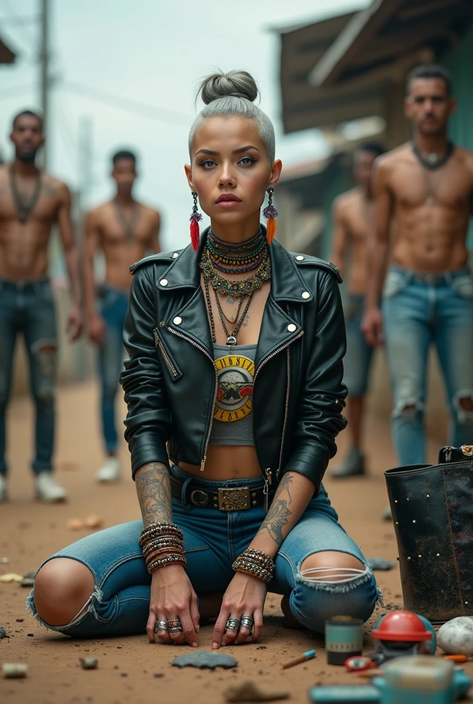 russian milf woman, grey hair (pouf, and top bun and shaved sides) and oversized square maxi sunglasses as bandana, with very light blue eyes, extremely pale. Wearing aged black cropped moto jacket, padded shoulders, with lots of zippers and pins; aged dark grey cropped t-shirt with guns and roses logo , skinny blue jeans with holes in knees and dirty white tennis sneakers. Dirty knees and dusty hands. Lots of metallic bracelets, lots of boho pendants and lots of colourful beads collars. Tacky wide studded leather belt with oversized skull and bones buckle. Long bohemian earrings with colourful feathers. Kneeling like in a payer, chin up stretching her neck , humble facial expression. Hands on her knees, showing off bracelets and rings. studded black leather tote bag with chains on the floor, next to her.. Listening in amazement to somebody speaking to her, well toned abdominals, thin neck, slim legs and thin arms. Tattoed heavily on chest and hands. Dirt street in Kenian village full of waste. A lot of tanned shirtless fat men in jeans around looking at her. next to her, all her belongings scattered on the floor: makeup kit, little makeup mirror, studded black leather tote bag, lipstick, wallet, moble etc on the floor