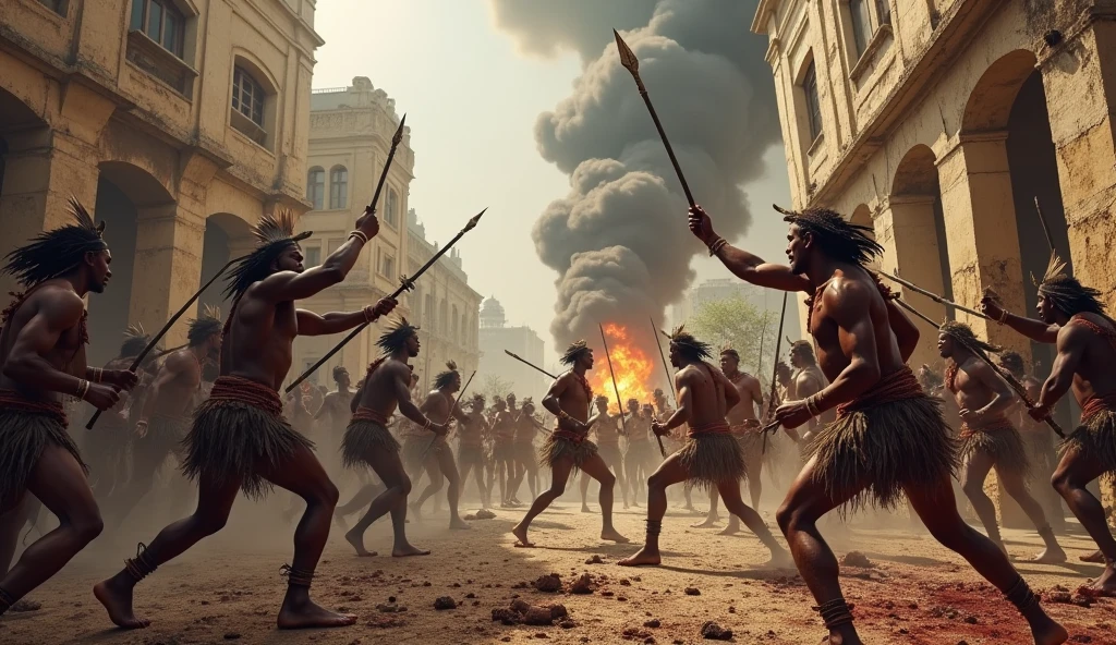 1400 a.c; (masterpiece, best quality) destroyed city (Mozambique); Zulu warriors fighting in the streets