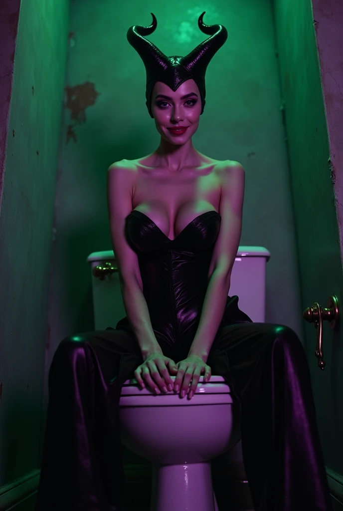 A stunning portrait of Maleficent sitting on a toilet in her dungeon, ornate toilet, emphasis on her horns, purple highlights, purple reflected light, in the nude, young and beautiful, hyper realistic, real portrait, backlit, exquisite features, cleavage, sexy, seductive, unnatural light, soft light, location is the interior of a dungeon, green light, eerie, purple highlights:1.4, she is smirking, she is busty, her chin is raised, looking down at viewer, low angle shot, exquisite features, exotic, high cheekbones, show her full horns, legs wide open