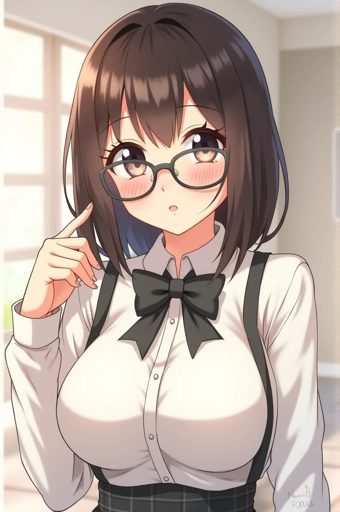 anime girl with glasses and a bow tie posing for a picture, a character portrait by Jin Homura, pixiv, shin hanga, oppai, big breasts!, thicc, big breasts!!, (sfw) safe for work, fluffy chest, chest up bust shot, , oppai proportions, with a large breasts, sfw huge breasts