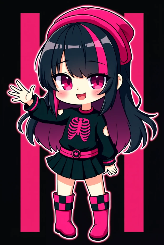 You can create an image of a chibby scene character who wears black hair spread out to her hips and wears hot pink bangs that cover her eyes with black stripes on the bangs, Her skin is normal and she wears hot pink knee-high boots with a short black skirt., a hot pink belt with black and hot pink squares, a shirt with sleeves cut from the shoulders to the hands and a black shirt with a picture of ribs and a bright pink heart, She is wearing a Russian ushanka and her expression is happy and she is waving against a black background with hot pink stripes