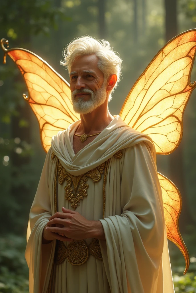 A King of the Fairies, who is about forty years old. He has light blonde to white hair and a short beard in the same color. His wings shine in a soft gold. He smiles.