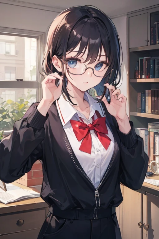 ((best quality)), ((Masterpiece)),
2. Wearing glasses, nerd 3. Alone