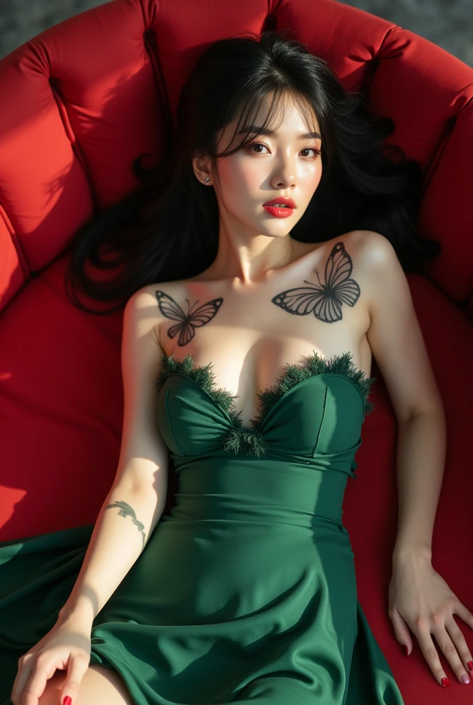 Chinese girl, white skin, shaggy breasts, big breast, 2,  mourning face, thick body, sexy body, curvy waist, sunny morning, milky white skin, a butterfly tattoo on the shoulder back, a big flower tattoo on the thigh, there is a text tatoo says "Thasya" on the lower arm, sexy green gown, lying prone, lying face down, on the red sofa, spread the legs, nakeness, full body, beautiful nail arts, thin pubic hair, wide open her legs, black hair, straight hair, sexy toe, camera from bottom, full body from toe to head, full body on frame, left hand covers right breast, right hand holding a glass of wine