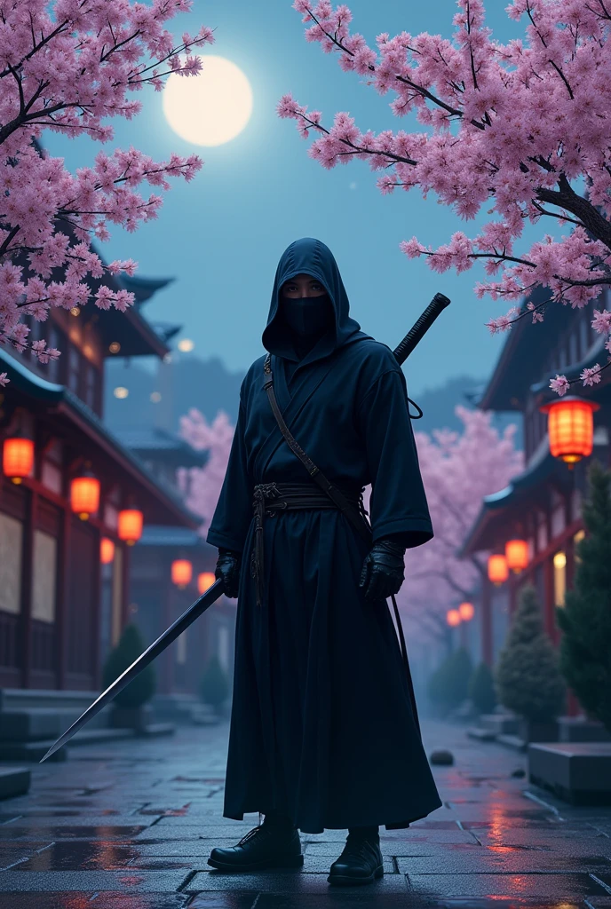 Draw a ninja wearing black clothes holding a katana, with the setting in a Japanese city with sakura trees, the night