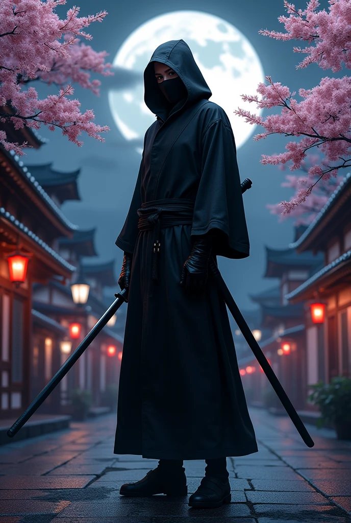 Draw a ninja wearing black clothes holding a katana, with the setting in a Japanese city with sakura trees, the night