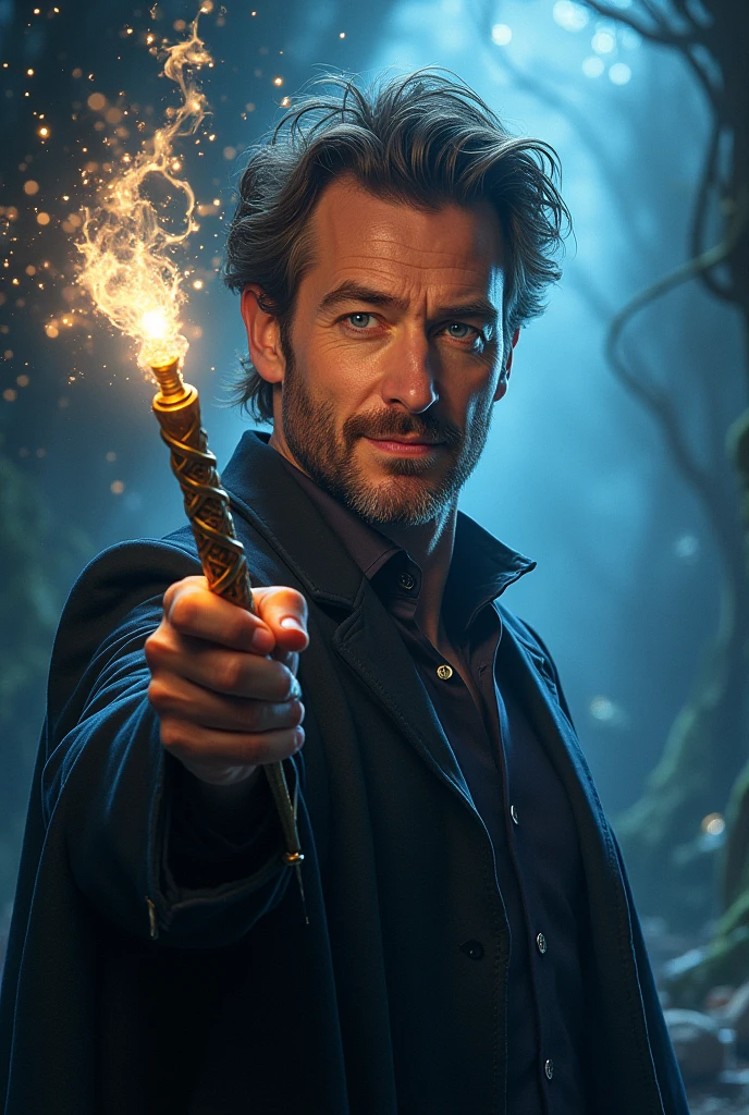Create an artwork of David Tennant holding a wand