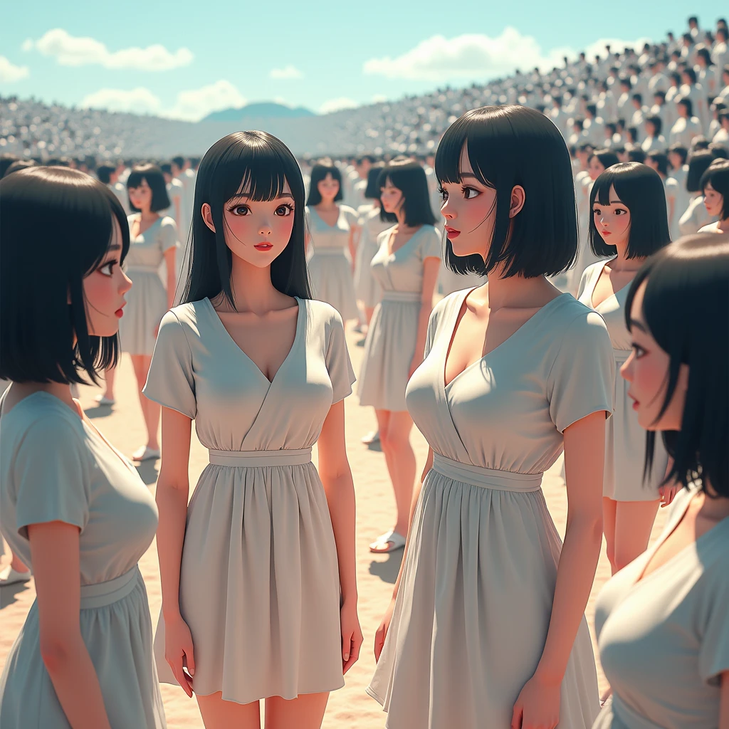 (((((Japanese Clone girls=Myself)))))), (((Best Super High quality Myself Clone girls Raw Photography Art))), (16K, Highest quality, Ultra-high resolution, RAW Photos), (((It's so unrealistic., With unparalleled depiction, With an unfathomable sight, An unprecedented and shocking worldview, Clone girls in a world of mass reproduction, Ultra-realistic))), (((Japanese, woman, 20yo, Saito-Asuka))), (Small face, ((Thick black hair, Semi-long hair))), ((V-neck short-sleeve dress)), (((((Very detailed美しい女体, Accurate body structure, Very detailed完璧な, Super busty body with very large breasts, Clearly emphasizes cleavage))))), (((Dark Eyes, Mature face, Cute Smile, A gentle gaze))), (((Her happy and smiling expression is so cute))), ((((((((Very detailed分身増殖描写, ((1girl→Myself cloning→1,000,000,000,000,000,000,000,000,000,000,000,000,000,000,000,000,000,000,000,000Myself Clone girls)))))))))), ((((((((Very detailed, The precise depiction of the proliferation of Myself Clone girls, ((With the perfectly identical bodies of Myself clone girls, With the exact same face as the Myself clone girls, With the exact same hairstyle as the Myself clone girls, In the exact same clothes as the girls who are my clones, Perfectly the same height as the Myself clone girls, Super big breasts, just like the Myself clone girls)))))))))), (((Myself clone girls only))), (((Multiple pairs, Very detailed depiction, (Myself clone girls hug each other, Myself clone girls assemble, Fun conversations with fellow Myself clone girls, A fun conversation between Myself clone girls, Myself clone girls holding hands, Walking with lots of Myself clone girls)))), (((Everyone looks at the camera))), (((Unbelievably crowded, Transcendent Myself clone girls intimately, Countless Myself clone girls surround you in 360 degrees))), (Bright, soft sunlight), (((Very wide field of view, Very detailed, Detailed ultra-perspective depiction with clear depth, super wide top view))), (((((Where there is a curved slope))))), (((Very photographic and detailed depiction, Myself clone girls will multiply infinitely and fill the surroundings from one side to the horizon with their bodies tightly packed together without any gaps., A scene of endless Myself clone girls and a fun atmosphere))), (Focus on the average value of the image)