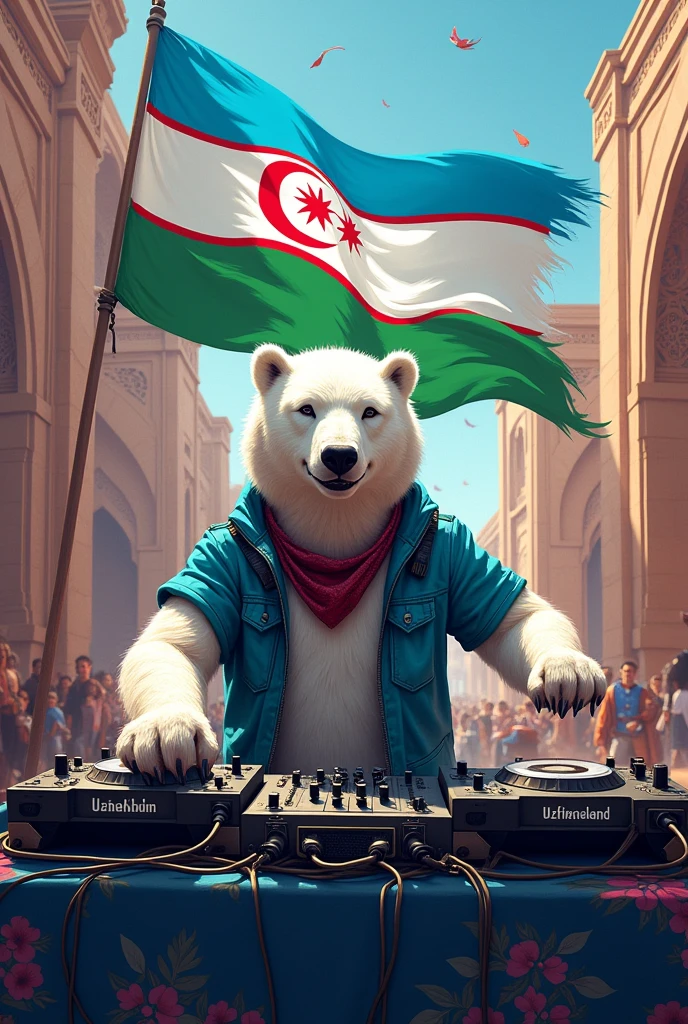 Dj polar bear music Uzbekistan flag, in Samarkand 
