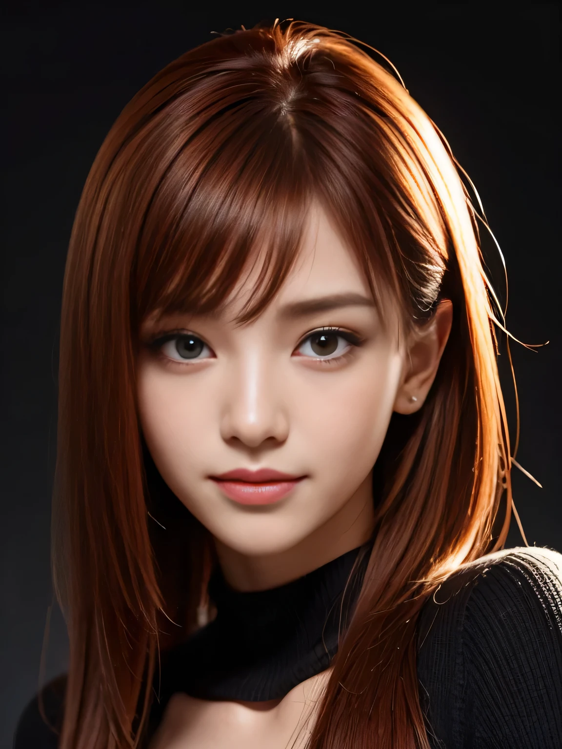 masterpiece, best quality, ultra-detailed, intricately detailed hyperdetailed, realistic, sharp features, highly detailed, sharp focus, Cute Japanese, young adult, perfect face, perfect face, perfect symmetrically perfect eyes, perfect full lips, flexible female form, hyper detailed, hyper realistic, high resolution, vibrant, dynamic studio lighting, Moody Lighting, Underexpose Lighting, ((Dark background)), (discret smile), Red hair, asymmetrical hair, asymmetrical bangs, brown Eyes, black sweater, cowboy shot,
