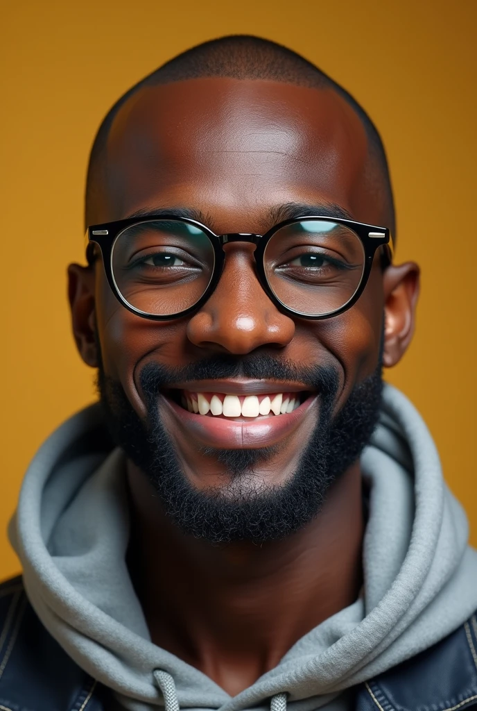 A young black man with a round face, a full but neat beard, potato nose dark skin shaved hair with glasses eyesight with triangular forehead smiling