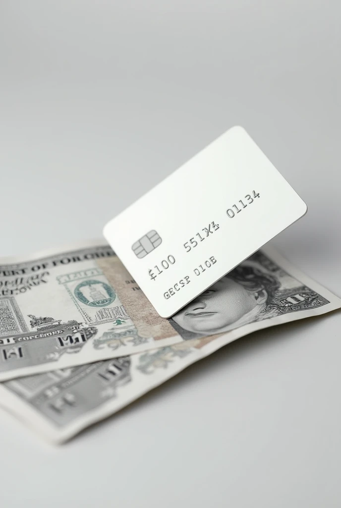 A white cloned bank card laying next to a pile of uk pound notes looking real and convincing