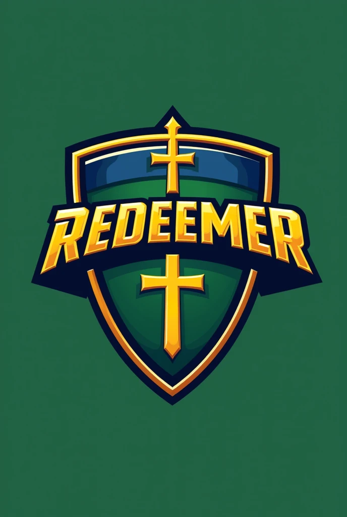 Crie um escudo de time de futebol com the name Redeemer O formato do escudo é retangular com bordas arredondadas A base do escudo é predominantemente verde, with yellow and blue details, At the center, the name "Redeemer" is displayed in a robust and stylized typography, standing out in golden letters. Acima dthe name, a blue and gold horizontal stripe adds a touch of sophistication. The shield is framed by a thin golden border At the top of the shield, there is a subtle representation of a cross