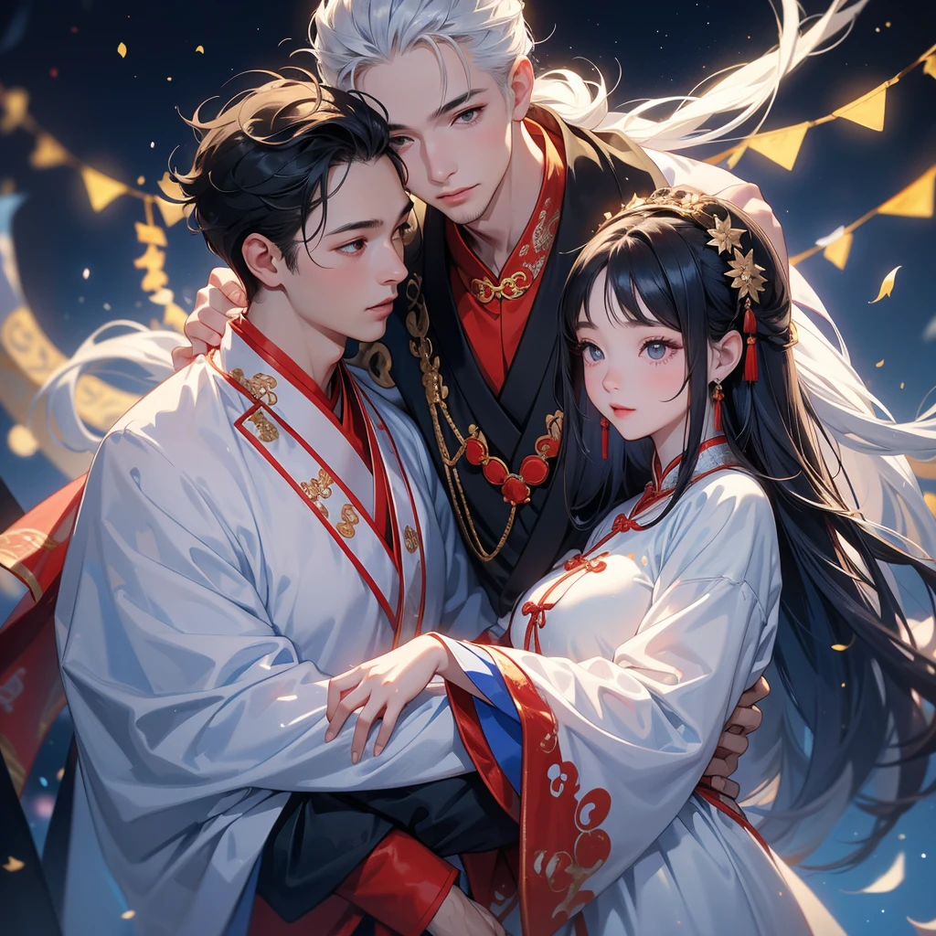 A one-year-old baby boy in an ancient Chinese baby costume with his beautiful mother, dressed in an white ancient Chinese costume, playing with each other, with his handsome father standing next to his mother, close up.
Background is a dark night, with moonlight and millions of stars, twinkling everywhere, with blue light.