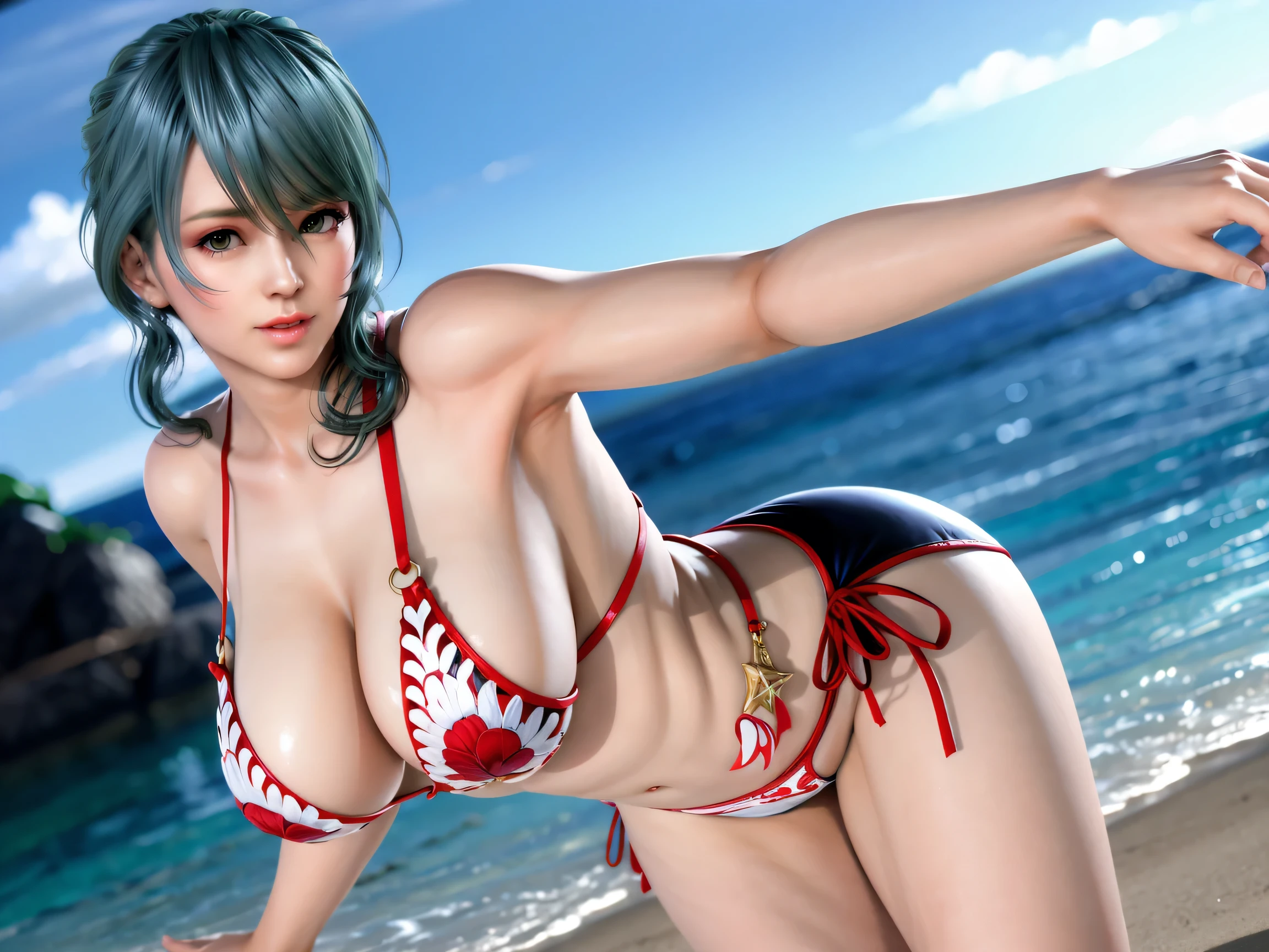 leaning forward,sea,beach,bikini,masterpiece, best quality, HD, 8K, Ultra- high resolution, Extreme Detail, Super detailed, beautiful eyes, beautiful hair, Beautiful side, beautiful skin,big breasts, curvy, Tamaki, Cosme Eyes,dynamic angle