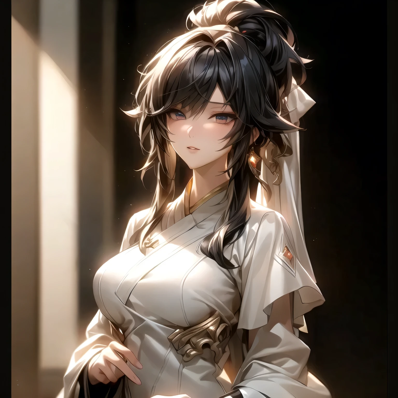 (best quality)), ((Masterpiece)), (details:1.4), 3d, HDR (high dynamic range), an image of a beautiful cyberpunk female, Black hair, High ponytail, Golden eyes, จมูกโด่ง, ปากแดง, หน้าอกใหญ่, nvidia RTX, PBR surface, After processing, Anisotropic filtration,depth of field, Maximum clarity and clarity, multi-layered surface, Subsurface scattering, perfect proportions, 8K raw files, ultra detailed, Perfect proportions, volumetric lighting, soft lighting, Holy Paladin, Heavy white Armor, glossy skin, castle background, jewely, ต่างหู, นิ้วมือสมบูรณ์,