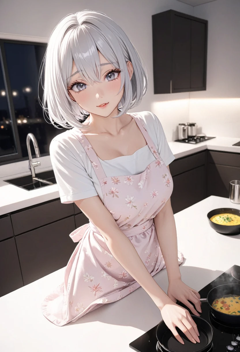 masterpiece, glowing particles, ambient lights, cute, full body detailed, 32K, high details, perfect lighting, perfect anatomy, soft light, BREAK ((shiny silver hair)), bob cut, bang between eyes, beautiful hair), (glossy silver eyes:1.5), (beautiful eyes, twinkle eyes, large eyes, close eyes), BREAK (athlete body, large breasts), cute face, beautiful face, pretty face, beautiful, best quality, good anatomy, long eyelashes, expressive eyes, Perfect Hands, BREAK pink botanical print apron, white shirt, short sleeves, morning, dining room, She is baking a plain omelet in a frying pan on the stovetop,