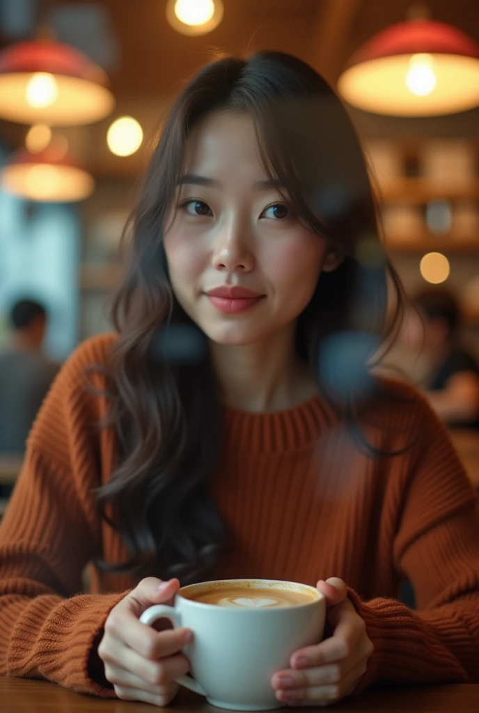 ((photography), (Realistic), Raw, extreme details, A cozy cafe scene，warm, dim lights. a short young oriental woman, Brunette woman，With a peaceful expression on his face，Sitting at a table, Hands holding warm drink. Shot through a glass window，with some reflection, create a fantastic, double exposure effect，Cafe interior reflection and soft bokeh lighting. Friendly and warm atmosphere，Peaceful and serene, The focus is on the quiet moment of the woman enjoying a drink,