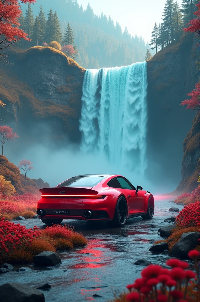 Car robot red light water fall blue trees