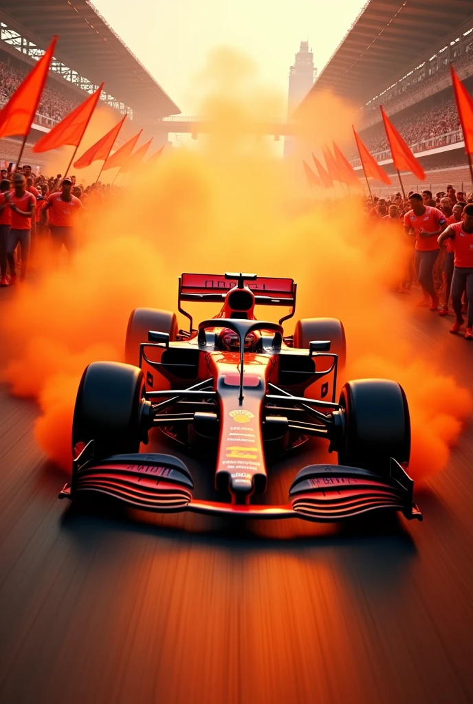 Detailed Background, masterpiece, Highest quality, 8k,uhd,F1 Cars,RB20,Red Bull,(The car number is red１),run through,Max Emilian Verstappen,Orange-themed crowd,Orange smoke is burning