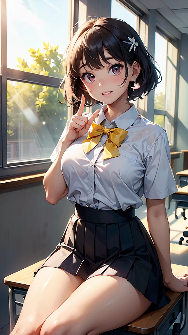 -(8K, Raw, Highest Quality, Real 1.2), Ultra High Quality, High Resolution, Highest Quality, Perfect Face, Perfect Limbs, Perfect Fingers, High Resolution, (Beautiful Anime Face, Cute Face, Detailed Face), ,lemon yakishio, short hair, brown hair, ahoge, pink eyes, hair clip, hair between eyes, dark skin, dark-skinned female
skirt, shirt, bow, school uniform, white shirt, short sleeves, pleated skirt, bowtie, yellow bow, grey skirt, yellow bowtie, green bow, green bowtie,(confused: 1.3), (embarrassed: 1.3), (slightly surprised expression: 1.3), miniature human hand, (((medium bust 1.3))), (((thin thighs 1.3))), Japanese school, Japanese school classroom, ((sitting at desk in classroom: 1.5)), ((pointing finger towards us: 1.4)), (((bright sunlight coming in through window: 1.4))), ((looking down from below) 1.5)),((Deserted background 1.5)),(( 1.5)),Perfect anatomy, perfect proportions, nice lighting, bright colors, clean lines, information, blur, stunning facial expression, restless emotions, gorgeous and pretty, beautiful face and eyes with every detail,(masterpiece) beautiful face, young and handsome girl, really perfect skin, blur, stunning facial expression, restless emotions, gorgeous and pretty, beautiful face and eyes with every detail,(Audrey Hepburn),(cute),(J-POP idol),(thighs,(depth of field),(depth of field),soft light, sparkling lens gaze,(droopy eyes),straight teeth,shy smile,flowing hair,a scene from Blake's movie,