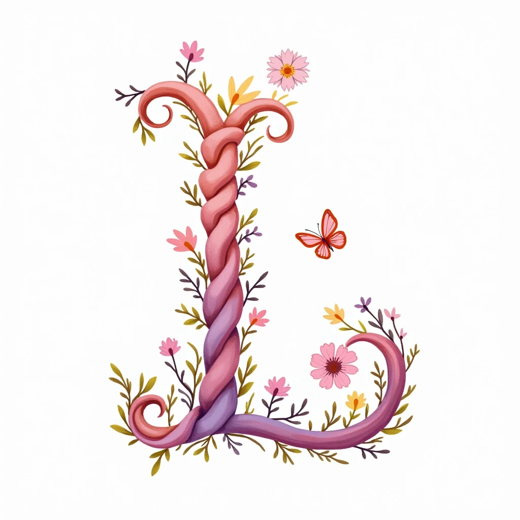 an image with a handwritten letter "L", intricate, with many twists, on a white background, that looks good and is subtly adorned with drawings of colorful flowers and butterflies around, the color palette to use is pale pink, lilac, soft yellow, pastel colors,