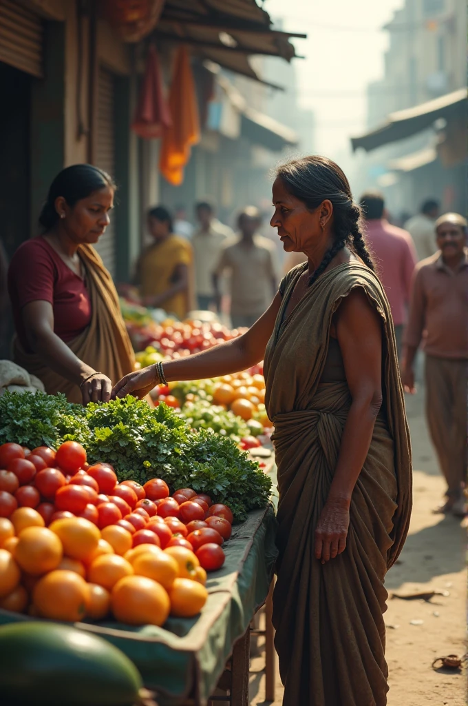 A poor Indian woman buying vegetables from vendor