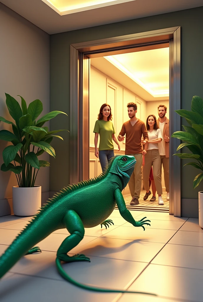 An iguana running towards the elevator of an apartment while the people in the elevator are scared and trying to close the elevator.