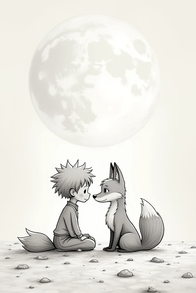 Create an image where the little prince and the fox are sitting on the moon looking into each other&#39;s eyes in pencil.