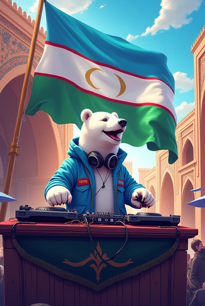 Dj polar bear music Uzbekistan flag, in Samarkand