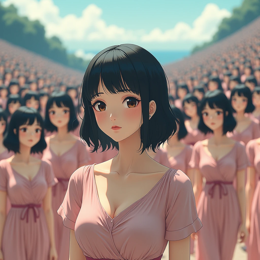 (((((Japanese Clone girls=Myself)))))), (((Best Super High quality Myself Clone girls Raw Photography Art))), (16K, Highest quality, Ultra-high resolution, RAW Photos), (((It's so unrealistic., With unparalleled depiction, With an unfathomable sight, An unprecedented and shocking worldview, Clone girls in a world of mass reproduction, Ultra-realistic))), (((Japanese, woman, 20yo, Saito-Asuka))), (Small face, ((Thick black hair, Semi-long hair))), ((V-neck short-sleeve dress)), (((((Very detailed美しい女体, Accurate body structure, Very detailed完璧な, Super busty body with very large breasts, Clearly emphasizes cleavage))))), (((Dark Eyes, Mature face, Cute Smile, A gentle gaze))), (((Her happy and smiling expression is so cute))), ((((((((Very detailed分身増殖描写, ((1girl→Myself cloning→1,000,000,000,000,000,000,000,000,000,000,000,000,000,000,000,000,000,000,000,000Myself Clone girls)))))))))), ((((((((Very detailed, The precise depiction of the proliferation of Myself Clone girls, ((With the perfectly identical bodies of Myself clone girls, With the exact same face as the Myself clone girls, With the exact same hairstyle as the Myself clone girls, In the exact same clothes as the girls who are my clones, Perfectly the same height as the Myself clone girls, Super big breasts, just like the Myself clone girls)))))))))), (((Myself clone girls only))), (((Multiple pairs, Very detailed depiction, (Myself clone girls hug each other, Myself clone girls assemble, Fun conversations with fellow Myself clone girls, A fun conversation between Myself clone girls, Myself clone girls holding hands, Walking with lots of Myself clone girls)))), (((Everyone looks at the camera))), (((Unbelievably crowded, Transcendent Myself clone girls intimately, Countless Myself clone girls surround you in 360 degrees))), (Bright, soft sunlight), (((Very wide field of view, Very detailed, Detailed ultra-perspective depiction with clear depth, super wide top view))), (((((Where there is a curved slope))))), (((Very photographic and detailed depiction, Myself clone girls will multiply infinitely and fill the surroundings from one side to the horizon with their bodies tightly packed together without any gaps., A scene of endless Myself clone girls and a fun atmosphere))), (Focus on the average value of the image)